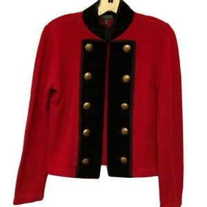 Lauren Ralph Lauren Red Knit Jacket with Black Velvet Trim and Gold Buttons